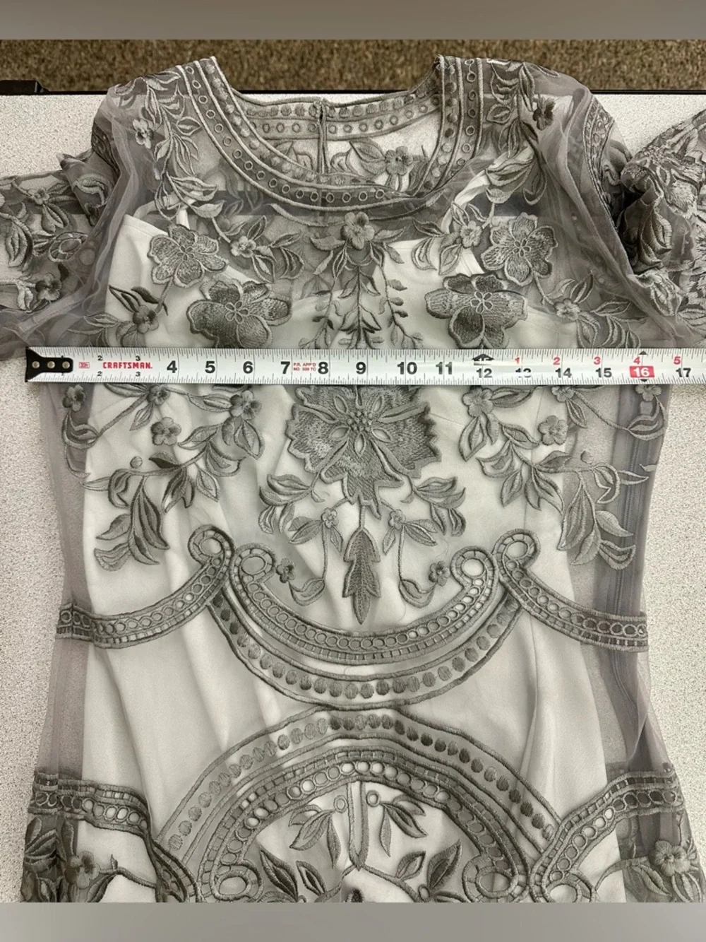 Silver Floral Embroidered Sheer Midi Dress satin Slip Sz S Ruffled Hem Wedding